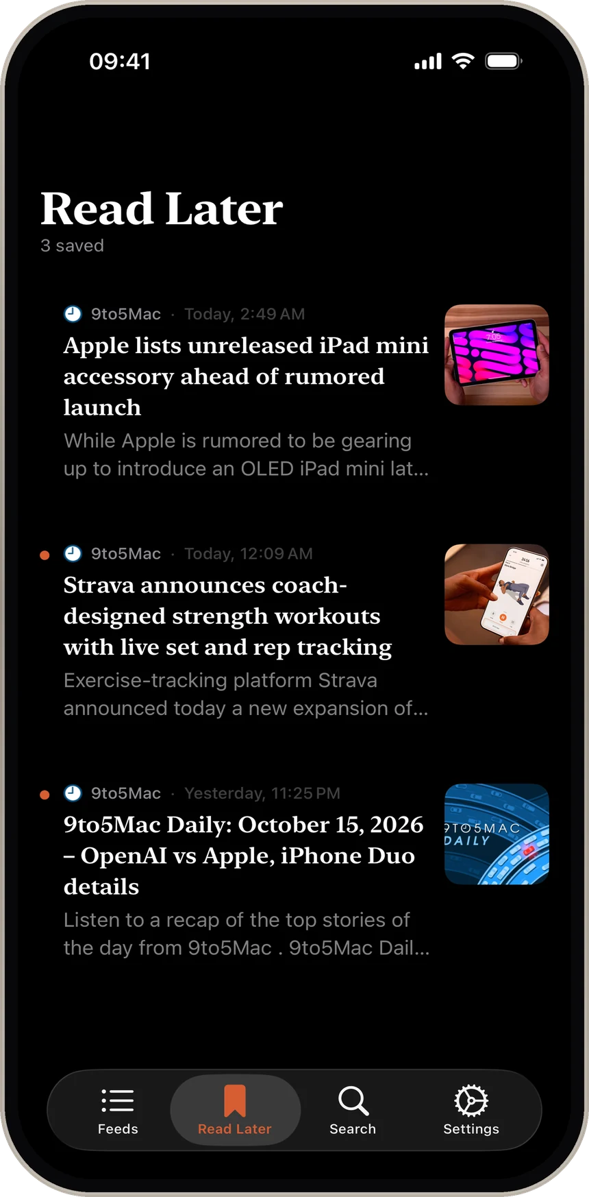 PulseRSS Read Later queue with saved articles